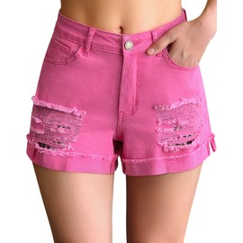 roswear Women's Casual Summer Colorful Ripped Stretchy Jean Shorts Mid Rise Cut Off Denim Shorts Pink Medium