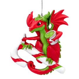 Fairy Tale Dragon on Candy Cane 10cm - Red Green Ruth Thompson Design Christmas Bauble Fantasy