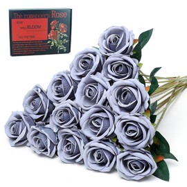 SITUMEIZI 15PCS Artificial Roses Silk Flowers Fake Roses Realistic Bouquet Long Stem with Gift Box for Valentine's Day Home Party Wedding Decorations(Silver)