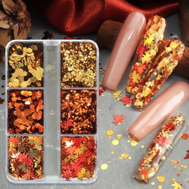 Thanksgiving Glitter Maple Leaf Nail Sequins Fall Nail Flakes Design Nail Charms Holographic Mixed Color 3D Confetti Autumn Nail Art Stickers Maple Leaves Nail Glitter Sequins for Women