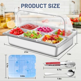 Ice Food Serving Display Tray with 6 Pan, Stainless Steel Salad Bar Buffet Station for Home, Pizza Topping Station, Ice Tray for Food Buffet, Cold Food Buffet Server for Party Home Hotel Kitchen