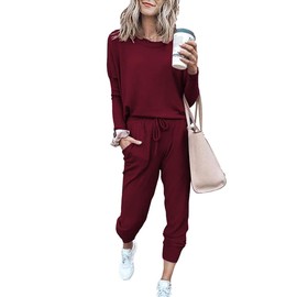 Paintcolors Women's 2 Piece Outfit Long Sleeve Crewneck Tracksuit Solid Color Sweatsuit Lounge Matching Set with Pockets, Burgundy-solid, Small