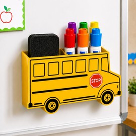 School Bus Magnetic Marker Holder for Whiteboard, Non-Slip Acrylic Dry Erase Marker Organizer with Full-Back Powerful Magnet, Storage Caddy for Markers, Pens & Erasers, Teacher Classroom Decor