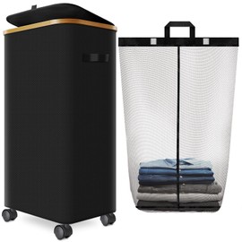 Laundry Hamper with Wheels,29 Gal (110L) Laundry Basket with lid Rolling Clothes Hamper Foldable Dirty Clothes Basket on wheels with Bamboo Frame and Bag for Bedroom, Dorm, Laundry Room-Black