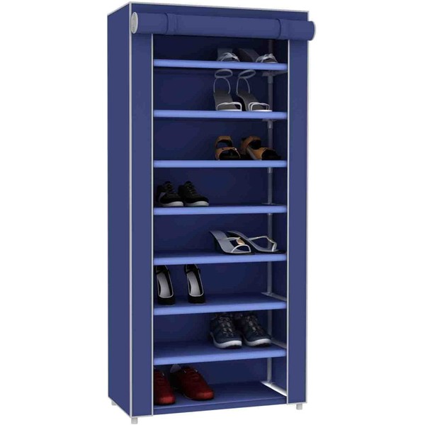 Sunbeam Multipurpose Portable Dust Free Wardrobe Storage Closet Rack For Shoes and Clothing 7 Tier/Fits 24 Pairs of Shoes Heavy Duty Non Woven Material Gray With Roll Down Cover (Navy)