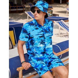 EISHOPEER Men's Hawaiian Shirt and Short 2 Piece Palm Tree Outfits Sets with Bucket Hats 3X-Large