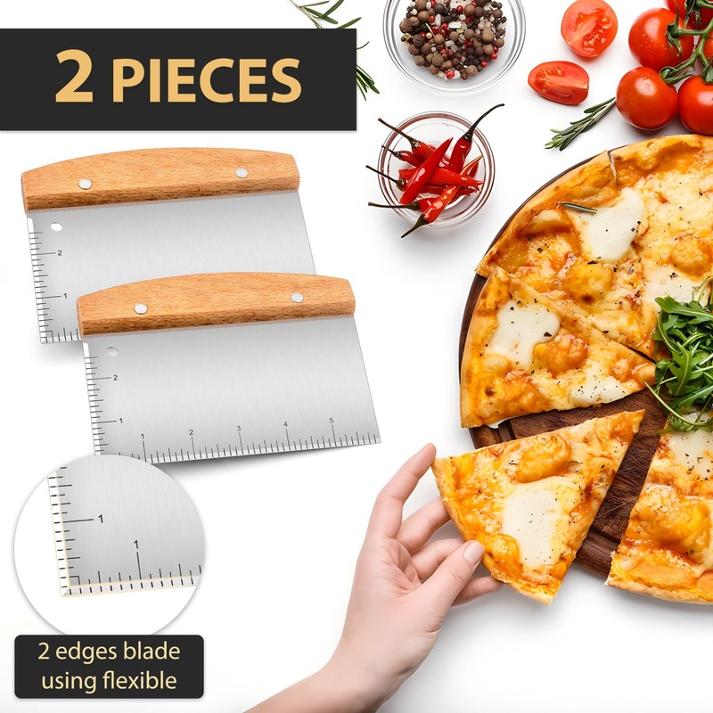 Joyfair 2Pcs Dough Scraper, Stainless Steel Dough Cutter with Wooden