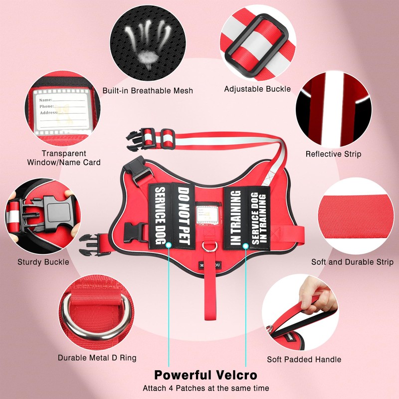 MOOGROU Service Dog Vest Harness and Leash Set+10 Patches,No Pull&Adjustable