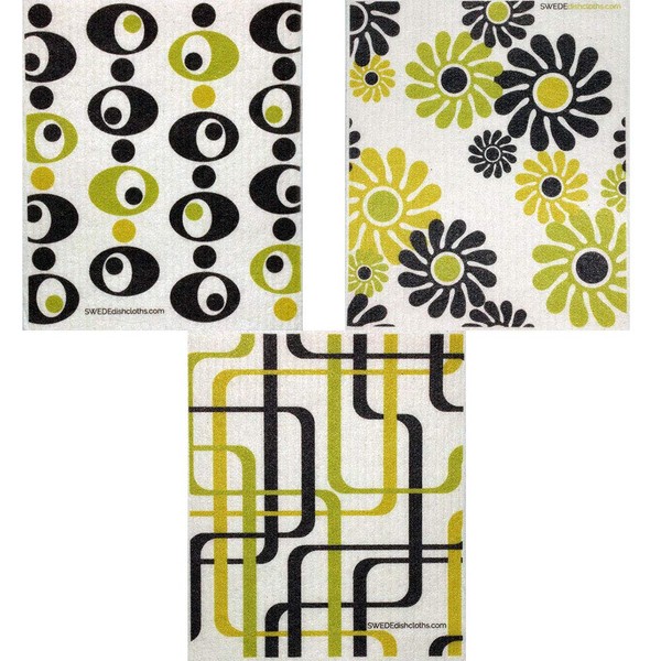 Mixed Modern Pattern Set of 3 Swedish Dishcloths (One of Each Design) | ECO Friendly Absorbent Cleaning Cloth | Reusable Cleaning Wipes