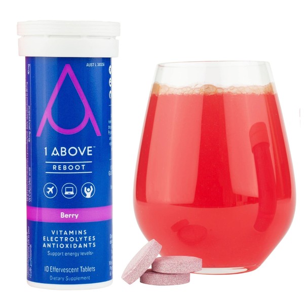 1Above Anti Jet Lag, Energy & Immunity Recovery Effervescent Drink Tablets. Pycnogenol + Vitamins + Electrolytes for Travel, Work and Party. 10 Count (1 Tube) - Berry