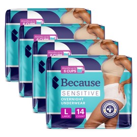 Because Adult Incontinence Underwear for Sensitive Skin - Women - Premium Overnight Disposable Briefs, Anti Odor - White, Large - Absorbs 6 Cups - 56 Count (4 Packs of 14)