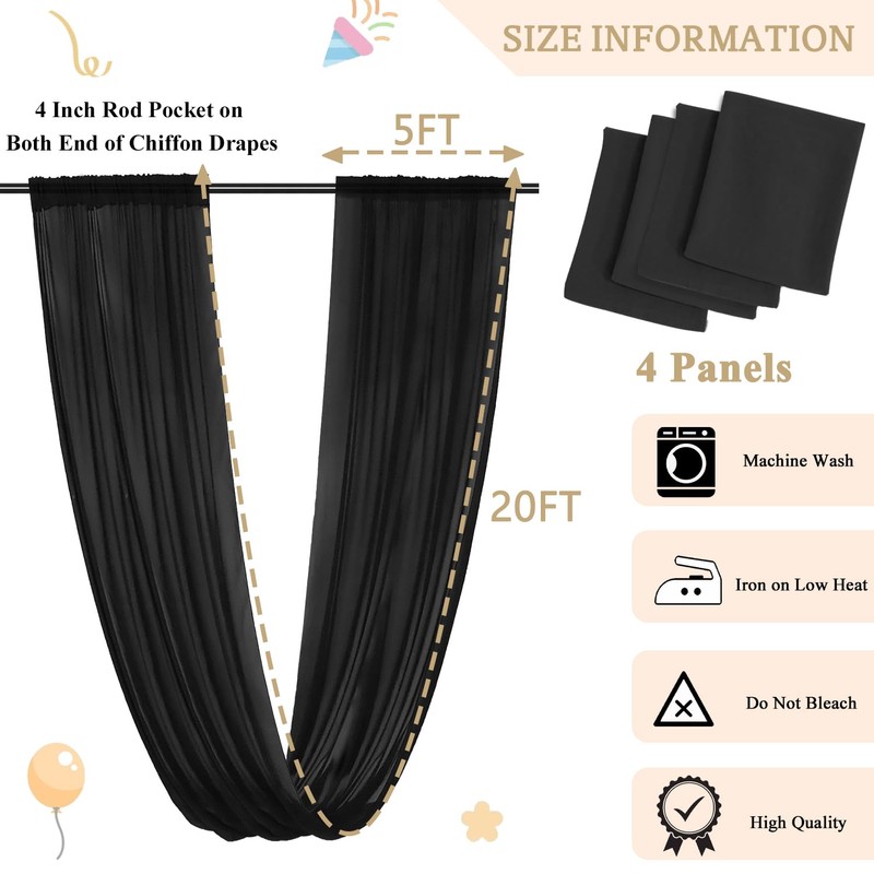 MODFUNS Black Wedding Arch Draping Fabric 5x20ft 4 Panels Chiffon