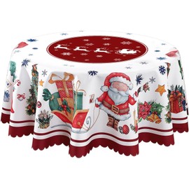 Christmas Table Cloth, Christmas Round Tablecloth, Snowflake Santa Claus White Washable Table Cloths Christmas Decorations, Waterproof Chrismtas Table Cover for Dinner Table Holiday Party Picnic