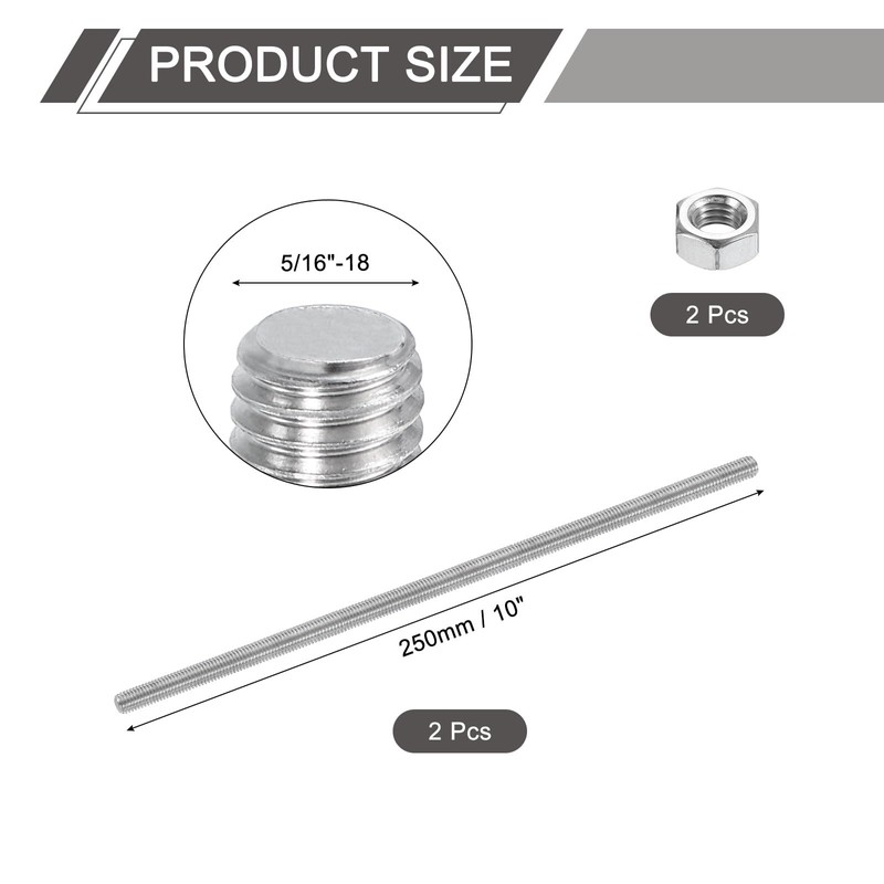 sourcing map 5/16"-18 Fully All Threaded Rod, 2 Pcs 304
