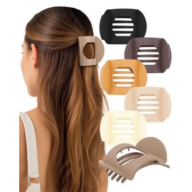 AWAYTR 6Pcs Flat Hair Clips for Women Strong Grip Curved Claw Clip for Thin Hair Non-slip Plastic Hair Barrettes (Light khaki + dark khaki + dark curry + black + beige + orange)