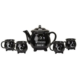 Ebros Gift Wicca Sacred Moon And Stars Witches Brew Black Cauldron Teapot And 4 Cups Set