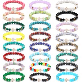Huquary 24 Pcs Cross Beads Bracelet for Men Women 8mm Couple Cross Bracelets Black Christian Healing Lava Stone Stretch Turquoise Tiger Eye Stone Natural (Stylish)