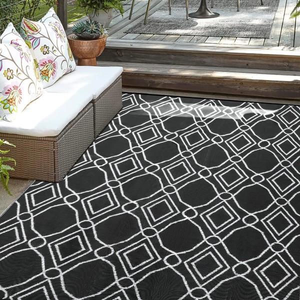 Kohree Outdoor Plastic Straw Rug 6x9 Outdoor Rug Outdoor Carpet Waterproof Outdoor Patio Rugs Fade Resistant Non-Slip Reversible Mats for Rv, Backyard, Deck, Picnic, Beach, Camping, Black & White