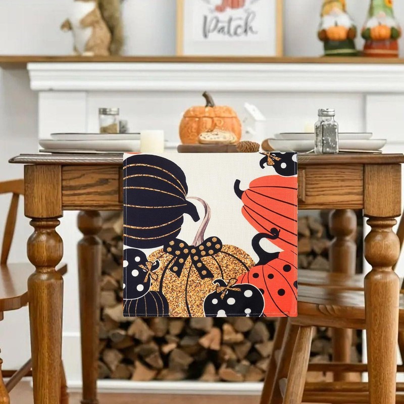 Aitsite Autumn Table Runner, Black Gold Table Runner, Pumpkin Autumn