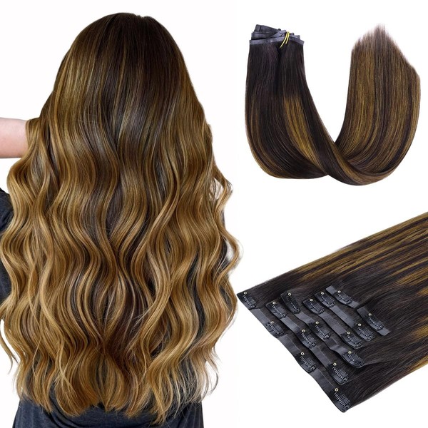 HOTBANANA Seamless Clip in Hair Extensions Dark Brown Mixed Golden