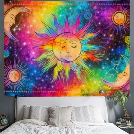 FENDROM Hippe Boho Sun and Moon Tapestry, Trippy Colorful Tapestries Mystic Aesthetic Burning Sun Moon Wall Hanging Blanket for Bedroom Living room Dorm