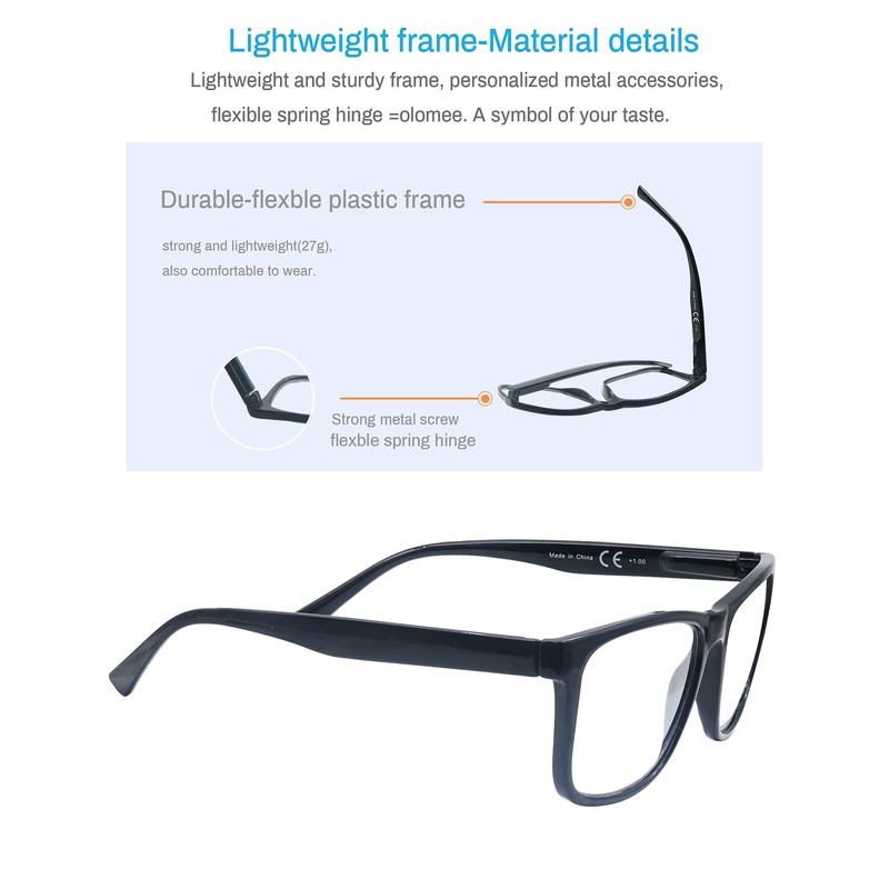 OLOMEE Reading Glasses 2.00 Oversized Large Square Men Readers Black