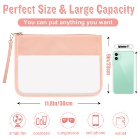 izuzta Clear PVC Flat Pouch, PU Travel Makeup Bag Clear Zipper Pouch with Wristlet, DIY Chenille Letter Bag Waterproof Portable Clear Travel Toiletry Bag Cosmetic Pouch for Women Girls (Pink)