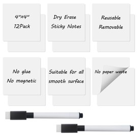 Reusable Sticky Notes Dry Erase Stickers Labels 4"x4", 12 PCS Removable Whiteboard Stickers for Storage Bins, Waterproof Name Tags for All Smooth Surface, No Glue and No Magnetic-White