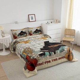 Violin Comforter Set Full Size,Rock Roll Music Themed Bedding Set Musical Notes Piano Print Quilt Set Kids Boys Girls Teens Room Decor Vintage Old Newspaper Hippie Music Duvet Insert,2 Pillowcases
