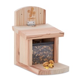 Relaxdays Squirrel Feeder FSC Certified Wood, Folding Roof, Ventilation Holes, Hanging Feeder, Natural