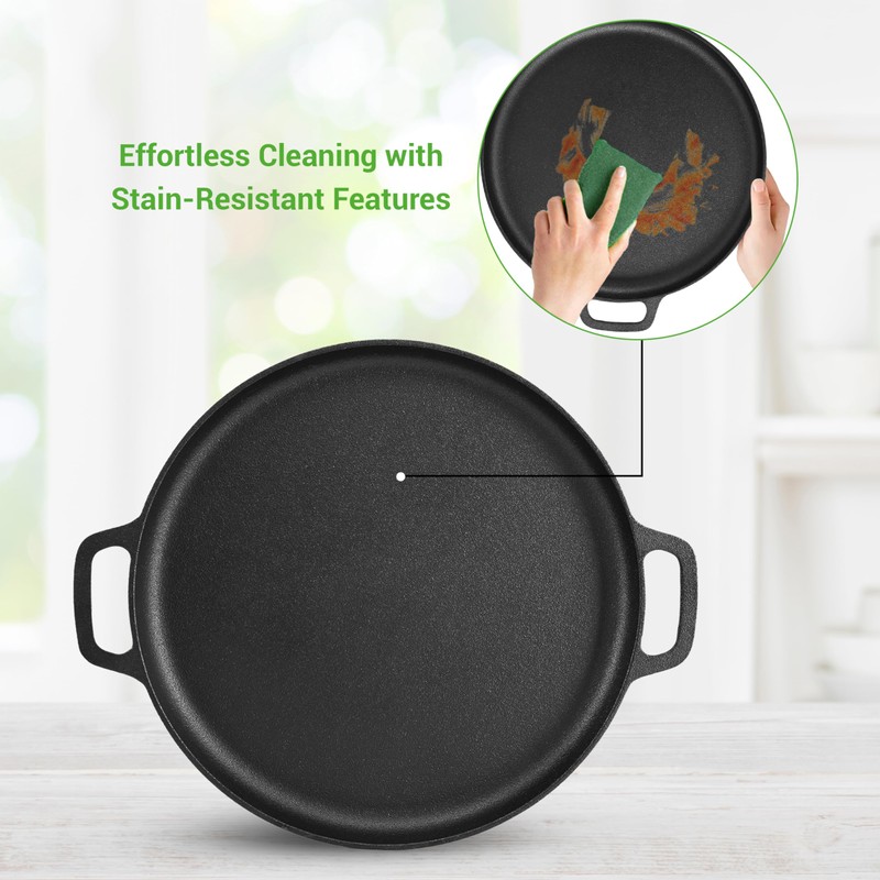 NutriChef 13-Inch Flat Cast Iron Pizza Pan - Versatile Pre-Seasoned