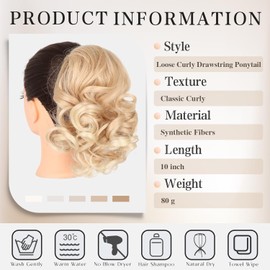 LEOSA Light Blonde Short Wavy Drawstring Ponytail for Black Women Highlights Honey Blonde Wavy Curly Ponytail Drawstring Synthetic Loose Wavy Ponytail Extensions for Women 10Inch T22/613#