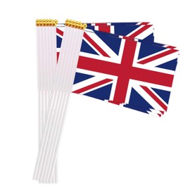 25 Packs Small Britain Flags on Handheld Stick，Miniature English British Flag for Outside,4x6 Inch Mini Hand Held Banner with Golden Topper,Patriotic Decorations