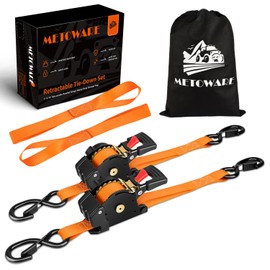 METOWARE Retractable Ratchet Straps (2-Pack) - 1 in x 10 Ft (1500lb Break Strength) - Heavy Duty Auto Self Retracting Tie Down Straps for Truck, Trailer, Cargo Van, Motorcycle - Orange