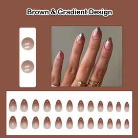 ANDGING Brown Press on Nails Almond Short Ombre fake on Nails with Gradient Design Fake Nails for Wedding Birthday Women Manicure Acrylic False Nails 24Pcs Gel Stick on Nail with fake AGJ68OP