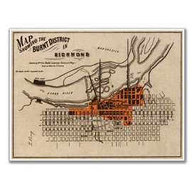 Antiguos Maps Historical Map of Burnt District in Richmond Virginia circa 1865, James River Area, Vintage Civil War Era City Plan, Black and Orange Print (18 x 24 inches)