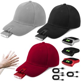 Mudder 3 Pcs LED Hat Light Baseball Cap with Clip on Light Hands Free Rechargeable Cap Visor Flashlight Headlamp for Camping(Black, Red, Dark Gray)
