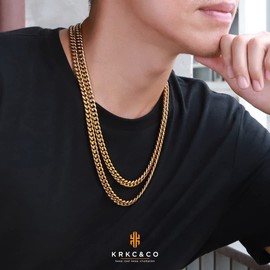 KRKC&CO Men's Kihei Necklace, Miami Cuban Chain Necklace, 0.3-inch (8 mm) Wide, Stainless Steel, 18k Plated, 4-Sided Cut, Hip Hop, Rapper, Street Fashion Accessories, Metal Allergy Friendly, Stainless