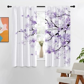 Kikiry Purple Cherry Curtains 42'' W x 63'' L Lavender Spring Floral Sakura Plum Blossom Wild Flowers Cafe Cute Leaves Japanese Asian Room Woman Window Drapes Treatment Tiers Fabric 1 Pair
