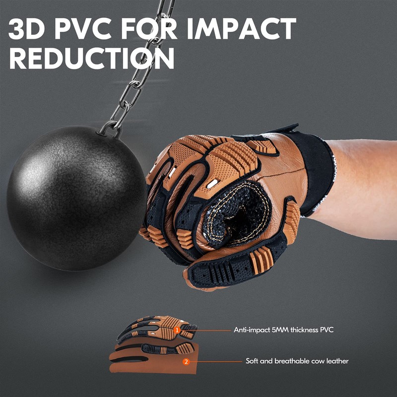 Vgo 1Pair Safety Leather Work Gloves,Mechanics Gloves,Impact Gloves,Anti-Vibration Gloves,Rigger Gloves,Heavy