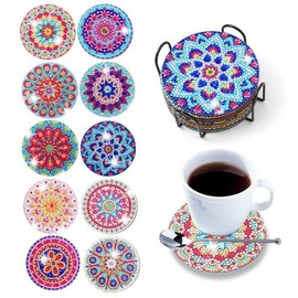 Aililong Diamond Painting Coasters Set - 10 Pieces with Holder, Mandala Pattern, DIY Non-Slip Cup Coasters for Children and Adults