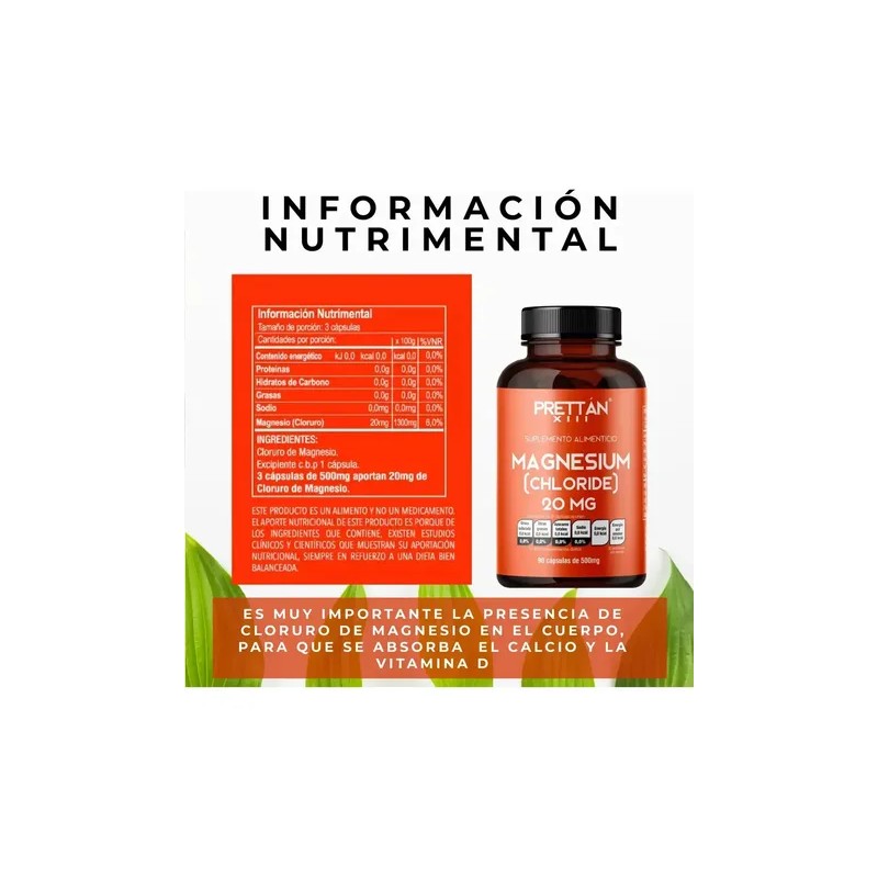 Cloruro De Magnesio 20mg 90 Cápsulas Vitamina 500mg Prettan