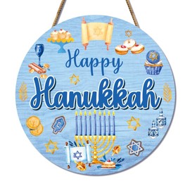 Celestdeco Happy Hanukkah Welcome Door Sign,Candlestick Star Wooden Hanging Sign,Christmas Hanukkah Wall Decor,Chanukah Candlestick Door Hanger,Blue Candlestick Decoration for Outdoor Home Yard Porch