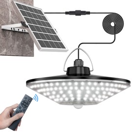 Solar Shed Light Outdoor Indoor Solar Powered Motion Sensor Light 198LED 1200LM Daytime Work Light with 5 Lighting Modes Remote Control IP65 Waterproof Solar Hanging Barn Ligh for Home Gazebo Shop