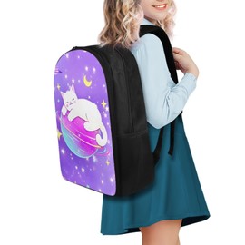 FOR U DESIGNS Kawaii White Cat Starry Space Backpack Set for Girls 4-in-1 Kindergarten 1st Grade School Bag, Includes Lunch Box, Pencil Case & Water Bottle Holder, Back to School Gift