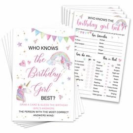Who Knows The Birthday Girl Best Birthday Party Game Cards, Cute Unicorn Themed Birthdays Night Games Creative Idea, Sleepover Slumber Party Supplies, 20 Game Cards Set for Party(Double-sided)-48