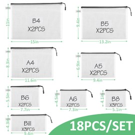 18 Pack 8 size Mesh zipper pouch bags, Zipper Bags with Label Pocket,File Bags for Classroom Organization,Zipper Pouches of office supplies,Puzzles, Board Game Storage