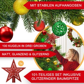 UCAMP Christmas Baubles, Christmas Tree Decoration 101-Piece Set, Christmas Tree Baubles with Packaging, Reusable Christmas Decoration with 1 x Tree Topper Glitter Star, Plastic Christmas Tree Baubles