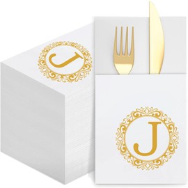 Monogram Disposable Napkins with Pocket, 50 Pack Gold Letter Guest Napkins Initial Disposable Hand Paper Towels for Wedding Bridal Shower Holiday Birthday Party Tableware Decor (J)