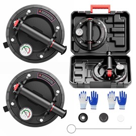 SPECILITE 8" Heavy Duty Glass Suction Cups 2 Pack with Pressure Gauge for Lifting Large Tile, Marble, Windows, 880 lbs Load Capacity, Industrial Vacuum Lifter with Handle, Carrying Case, Gloves, Black